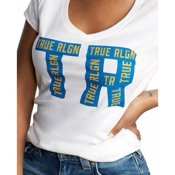 True Religion Women's Crystal Embellished Double TR Round V-Neck Tee T-Shirt - Picture 1 of 5